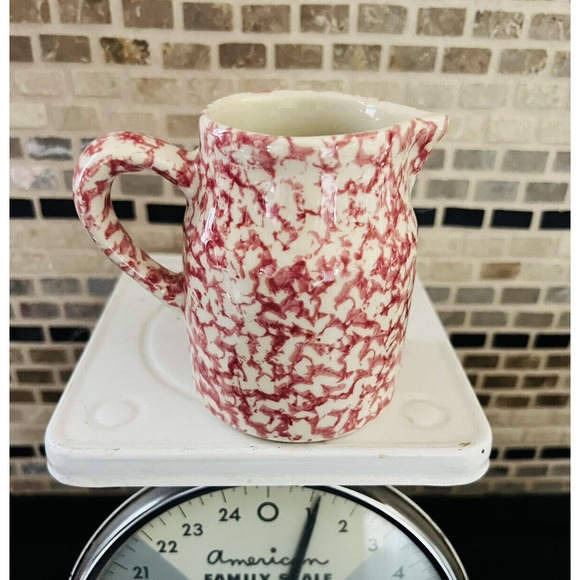 Roseville Ohio Rose Spongeware Creamer 4" Small Pitcher Pink Sponge Print Jug - Picture 1 of 8